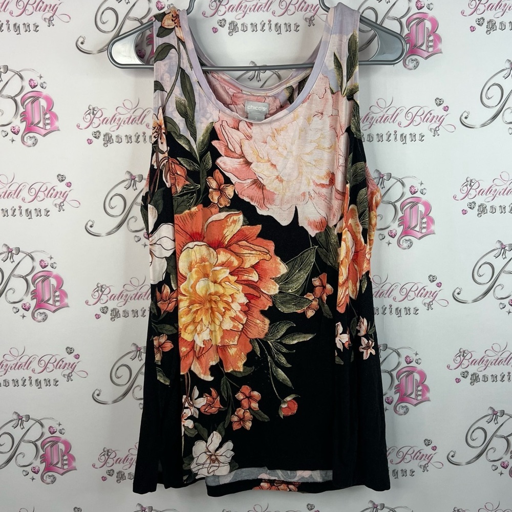 Chico's tank top flowers white green Black and Orange Floral Tank Top